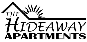 The image is a logo for "The Hideaway Apartments" featuring a stylized sun and mountain.